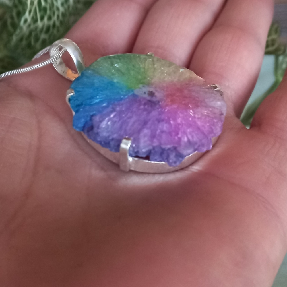 Rainbow Quartz Gemstone Druzy Necklace Sterling Silver 925 - Picture 3 of 4
